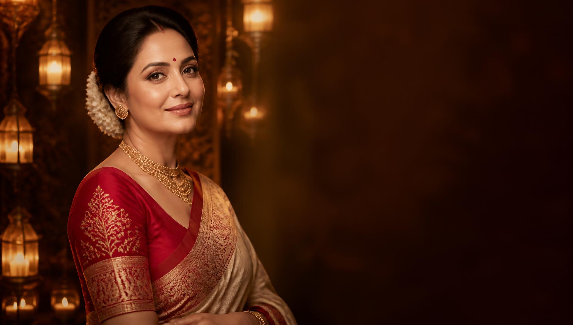 Woman in elegant Bengali festive styling with healthy, radiant-looking skin