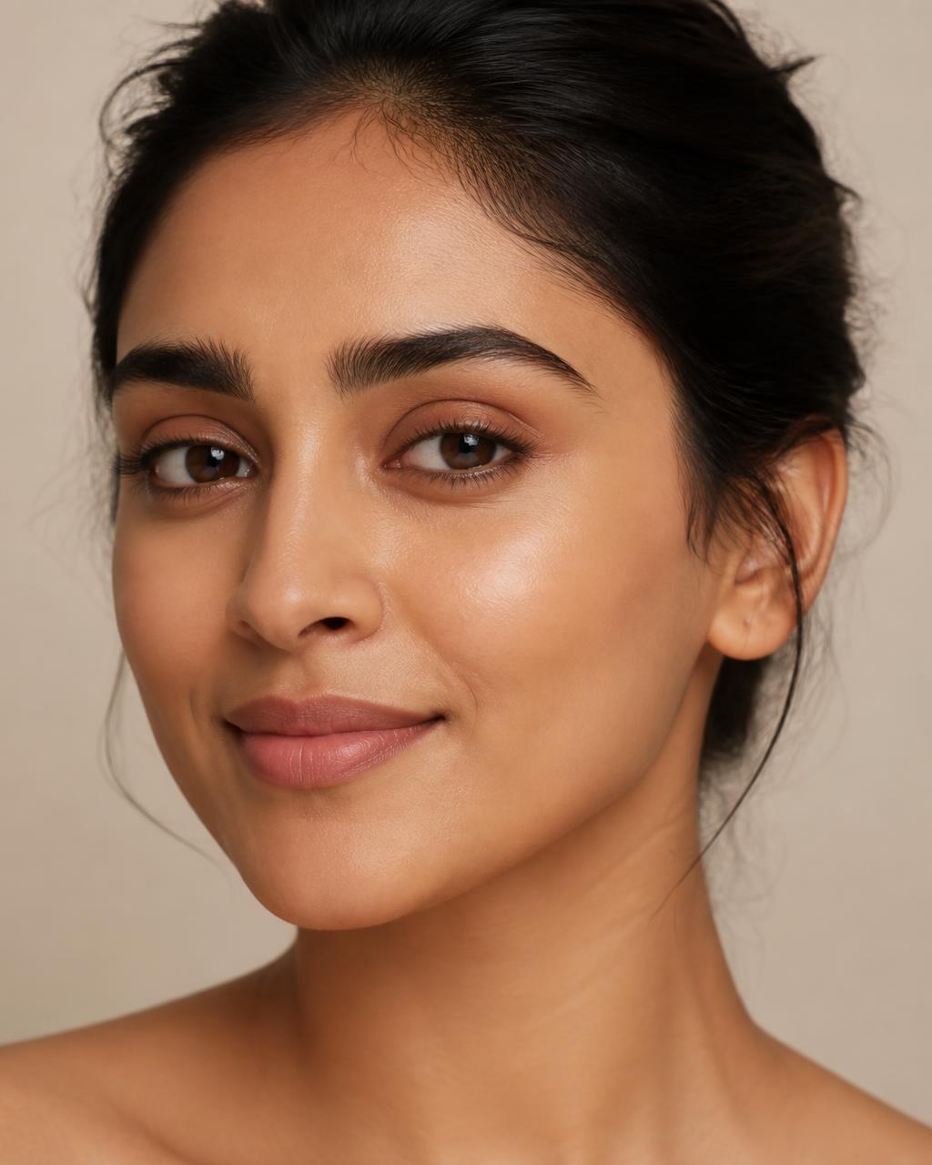 Close portrait of a woman with healthy, luminous skin