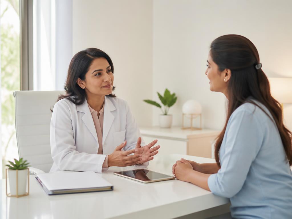 Dermatologist discussing a personalised skin plan with a patient in a modern clinic