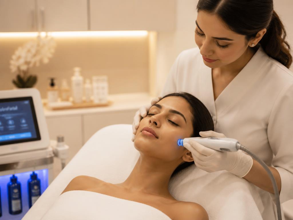 Aesthetician performing an advanced facial treatment with a handheld skin device