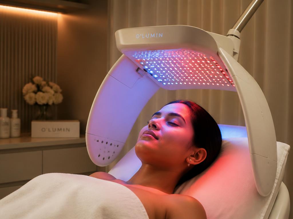 Patient relaxing under an LED light therapy panel in a premium clinic room