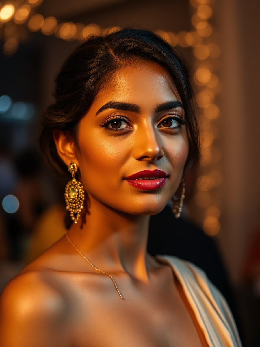 Woman in contemporary evening styling with healthy glowing skin at a celebration