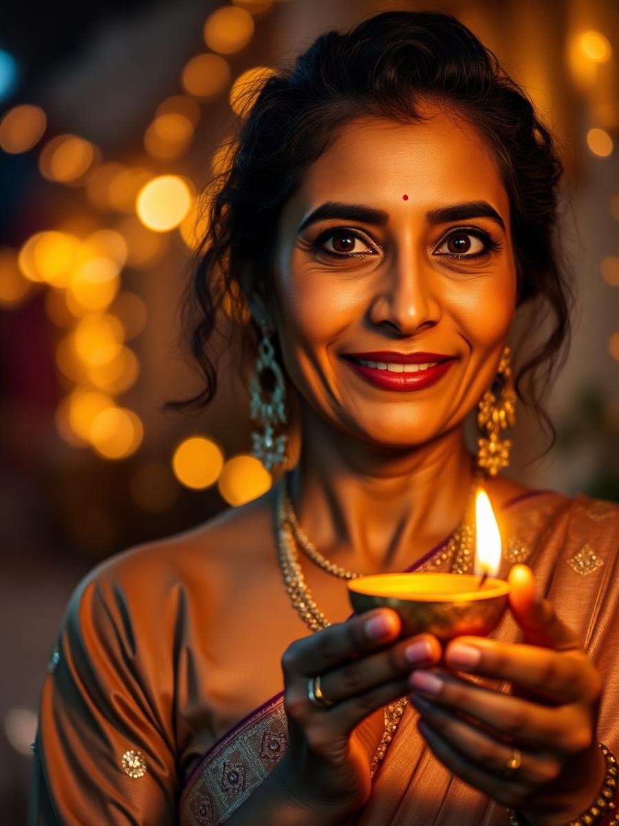 Woman holding a diya in warm Diwali lighting with luminous, healthy-looking skin