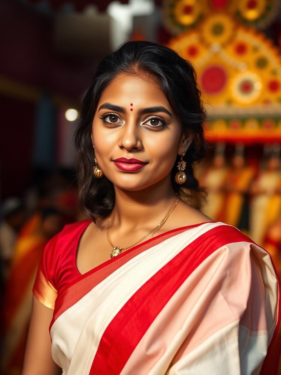 Woman in a traditional red-bordered saree with healthy radiant skin at a Durga Puja celebration