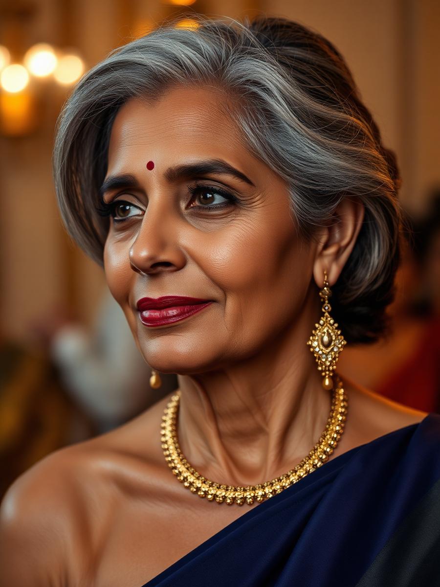 Elegant mature woman in refined wedding-guest styling with well-cared-for skin
