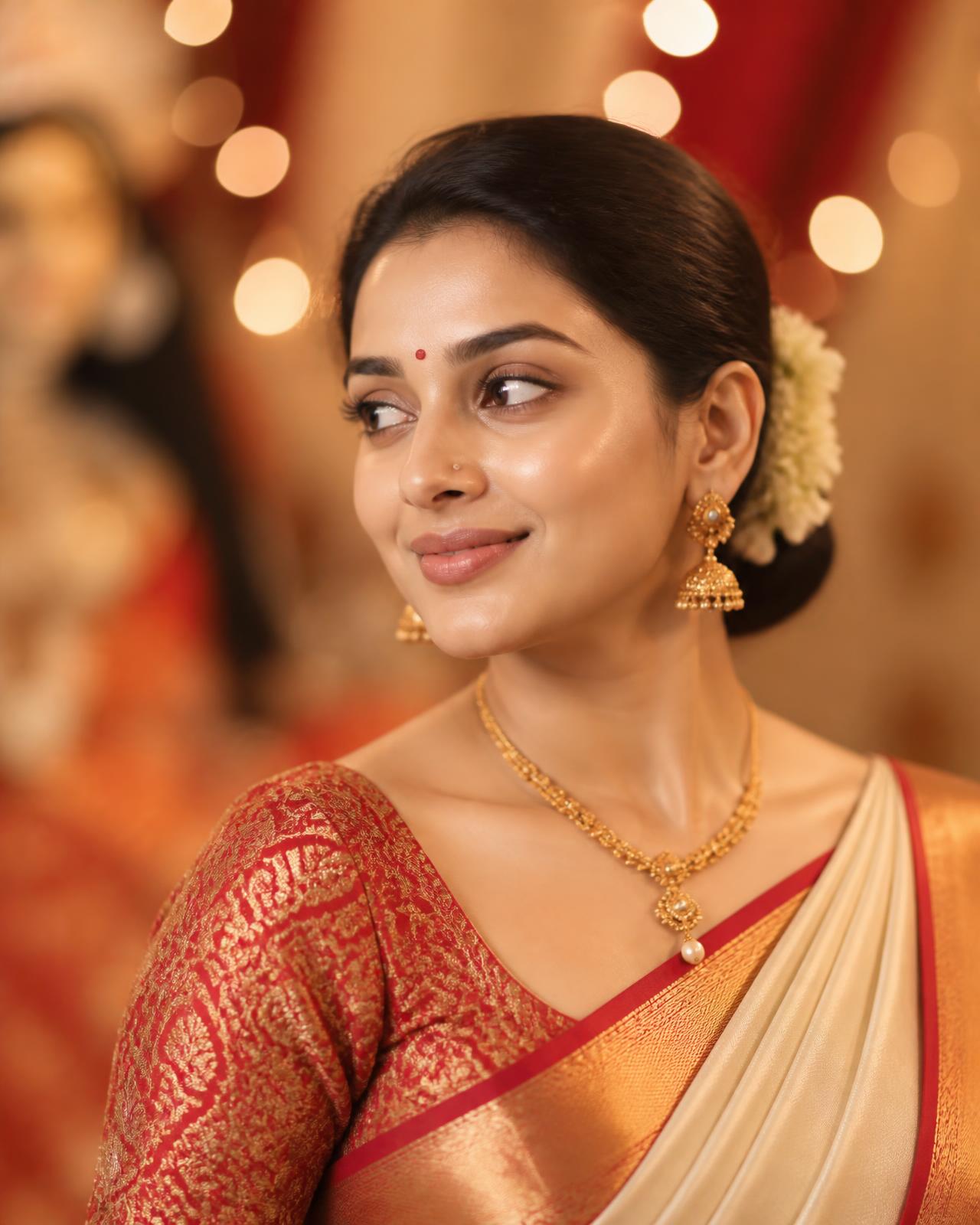 Elegant Bengali woman in contemporary Durga Puja styling with naturally radiant, healthy skin