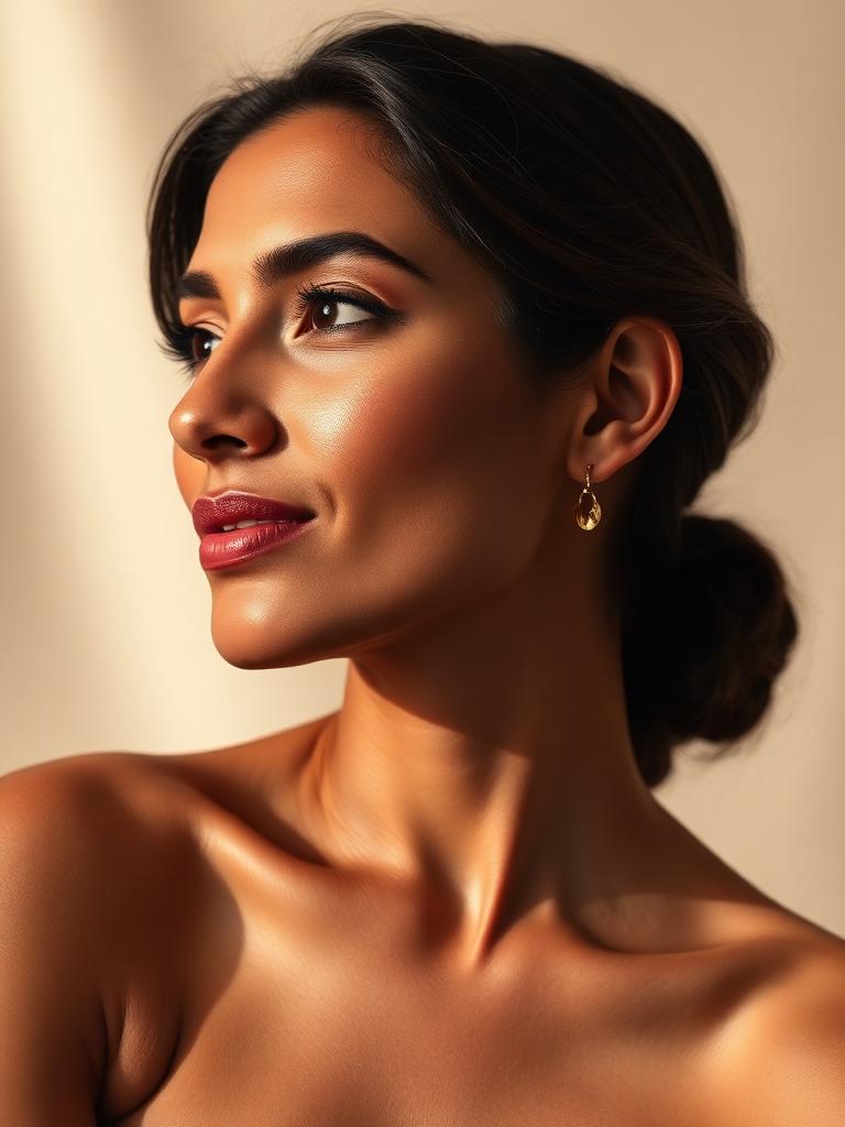 Woman with healthy, radiant skin in soft festive light